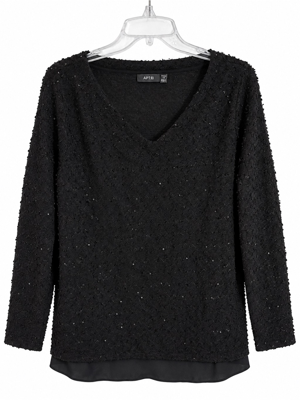 Apt.9 Plus Size 1X Black Sequin Sparkle V-Neck Sweater Holiday Party Chiffon Hem